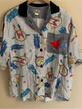 Vtg Canvasbacks Women’s Size Large Atomic Print Retro Button Down Shoulder Pads